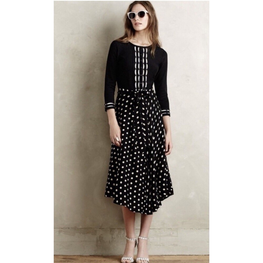 Anthropologie Porridge Retro Tie Waist Tandy Midi black polka dot skirt Size S